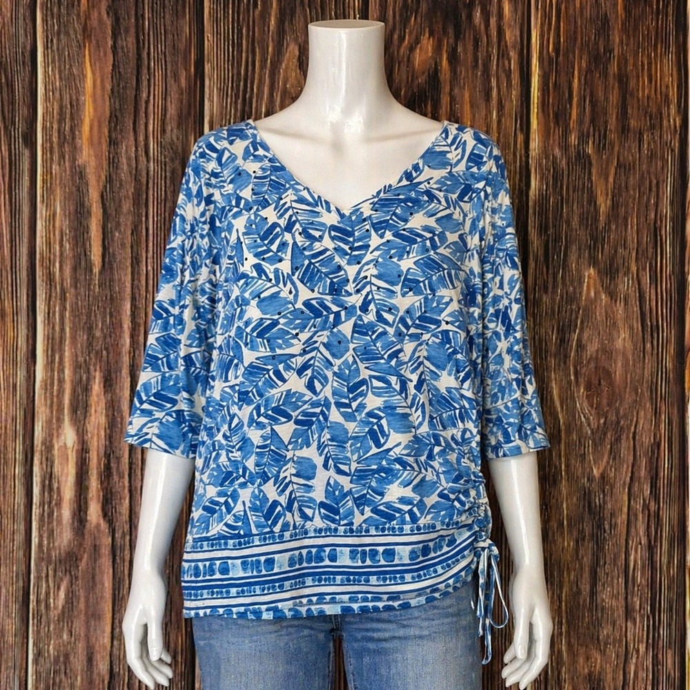 Casey Key Womens XL Blue White Tropical Leaf Print 3/4 Sleeve Sequin V-Neck Top